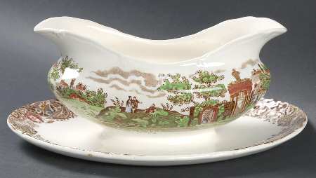 Landscape Brown Multicolor Gravy Boat with Attached Underplate