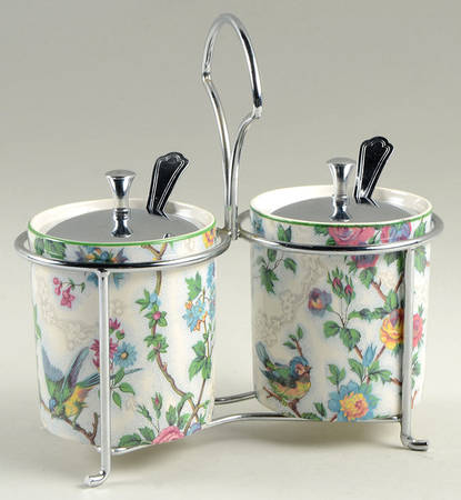 Lorna Doone 5 Pc Condiment Set, 2 Bowls with Lids on Metal Std