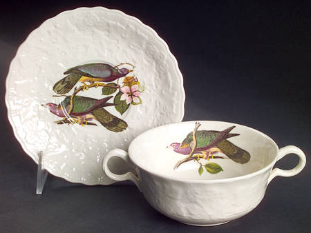 Birds of America (Embossed Floral Rim) Flat Cream Soup Bowl & Saucer Set