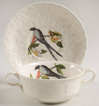 Birds of America (Embossed Floral Rim) Flat Cream Soup Bowl & Saucer Set