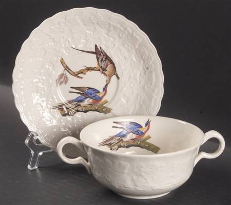 Birds of America (Embossed Floral Rim) Flat Cream Soup Bowl & Saucer Set