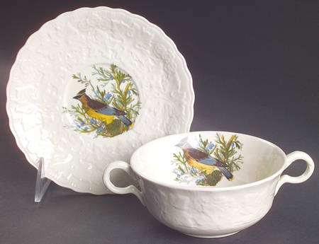 Birds of America (Embossed Floral Rim) Flat Cream Soup Bowl & Saucer Set