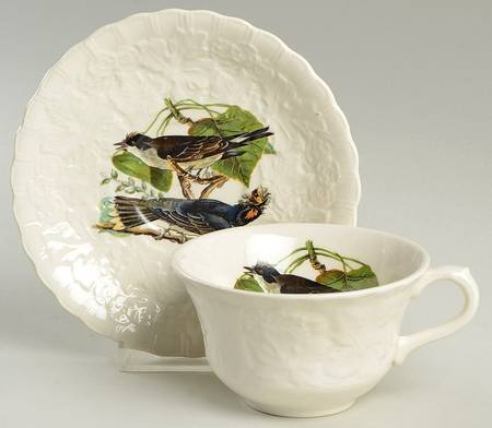 Birds of America (Embossed Floral Rim) Flat Cup & Saucer Set