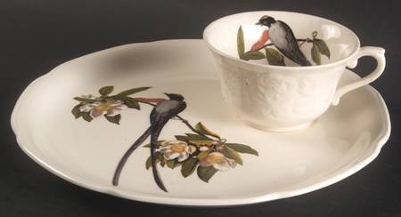 Birds of America (Embossed Floral Rim) Snack Plate & Regular Flat Cup