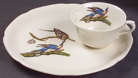 Birds of America (Embossed Floral Rim) Snack Plate & Regular Flat Cup