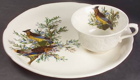 Birds of America (Embossed Floral Rim) Snack Plate & Regular Flat Cup