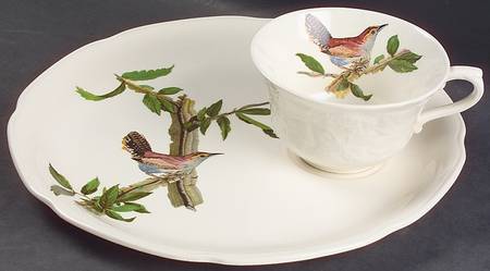 Birds of America (Embossed Floral Rim) Snack Plate & Regular Flat Cup