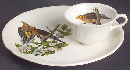 Birds of America (Embossed Floral Rim) Snack Plate & Regular Flat Cup