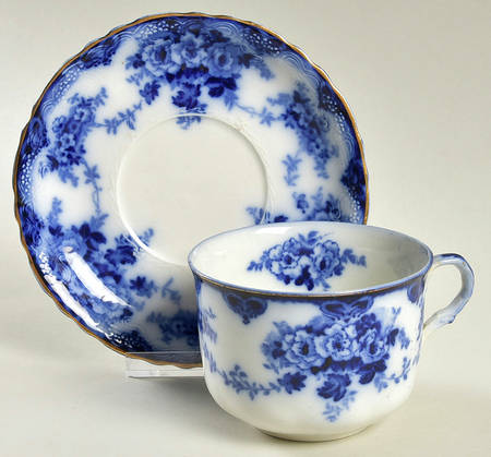 Devon (Flow Blue, Gold Trim) Flat Cup & Saucer Set