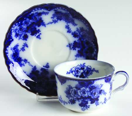 Devon (Flow Blue, Gold Trim) Flat Cup & Saucer Set