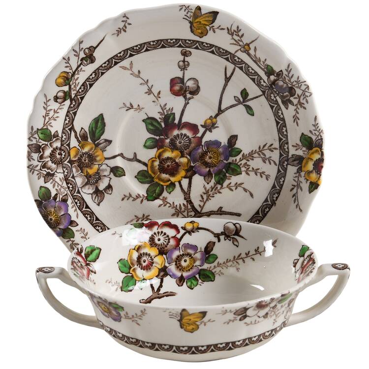 Medway Decor Dark Brown Multicolor Flat Cream Soup Bowl & Saucer Set