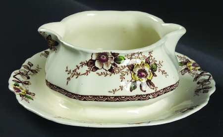 Medway Decor Dark Brown Multicolor Gravy Boat with Attached Underplate