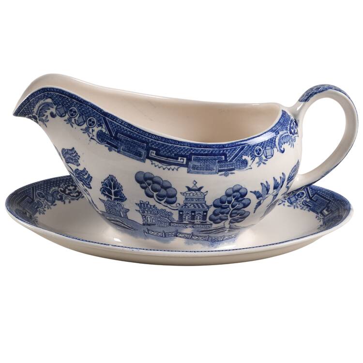Old Willow Blue (No Trim) Gravy Boat with Attached Underplate