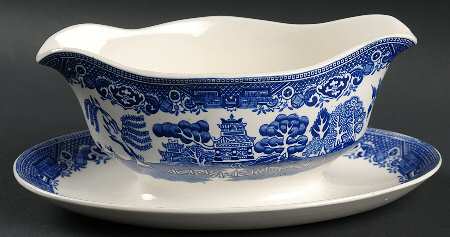 Old Willow Blue (No Trim) Gravy Boat with Attached Underplate