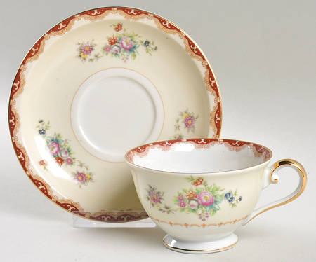 Keepsake (Floral, Burgundy Background) Footed Cup & Saucer Set