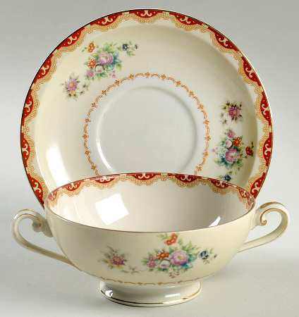 Keepsake (Floral, Burgundy Background) Footed Cream Soup Bowl & Saucer Set