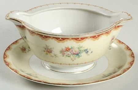 Keepsake (Floral, Burgundy Background) Gravy Boat with Attached Underplate