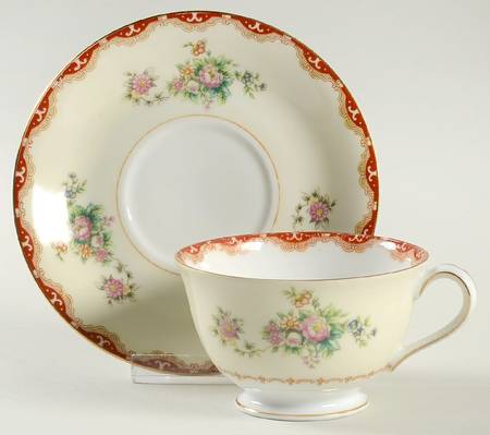 Keepsake (Floral, Burgundy Background) Footed Cup & Saucer Set