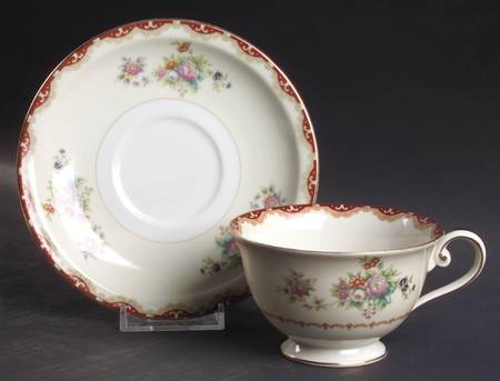 Keepsake (Floral, Burgundy Background) Footed Cup & Saucer Set