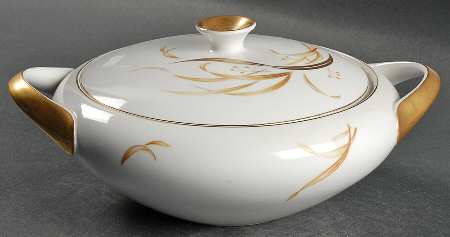 Keepsake (Gold Leaves on White) Round Covered Vegetable