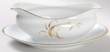 Keepsake (Gold Leaves on White) Gravy Boat with Attached Underplate