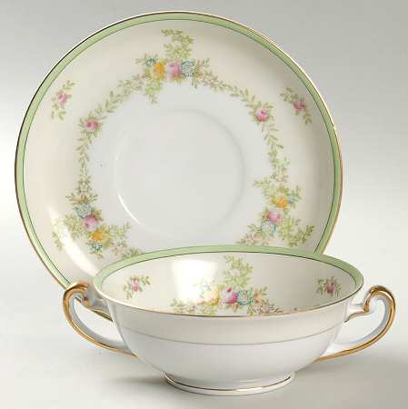 Malta (Green on Cream) Footed Cream Soup Bowl & Saucer Set