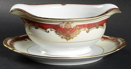 Muriel (Red Border) Gravy Boat with Attached Underplate