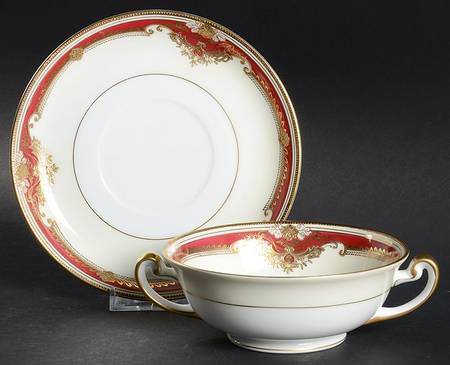Muriel (Red Border) Footed Cream Soup Bowl & Saucer Set