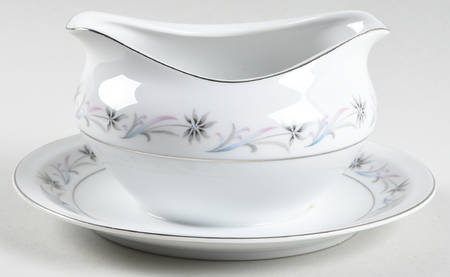 Troy (Blue & Pink Floral) Gravy Boat with Attached Underplate