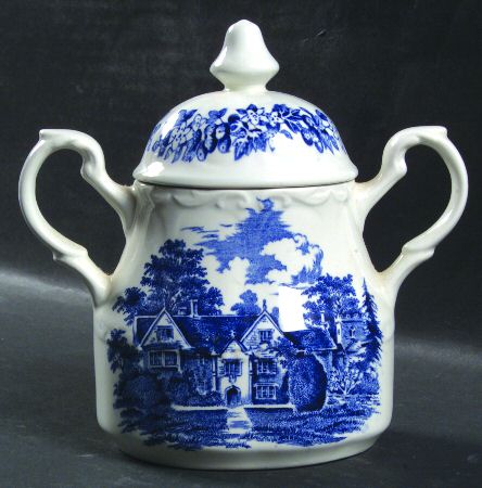 Romantic England Blue (Round Backstamp) Sugar Bowl & Lid