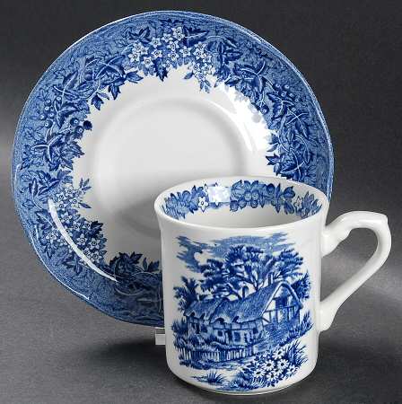 Romantic England Blue (Round Backstamp) Flat Cup & Saucer Set