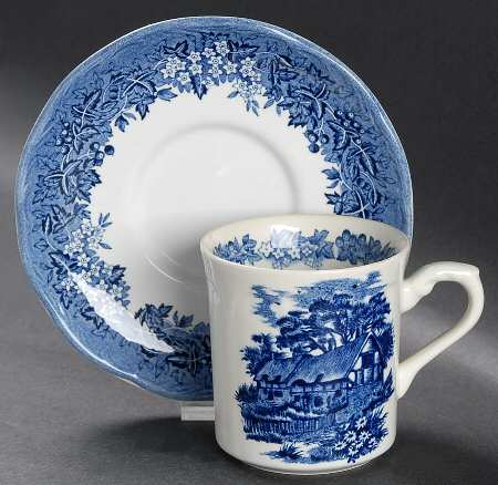 Romantic England Blue (Round Backstamp) Flat Cup & Saucer Set