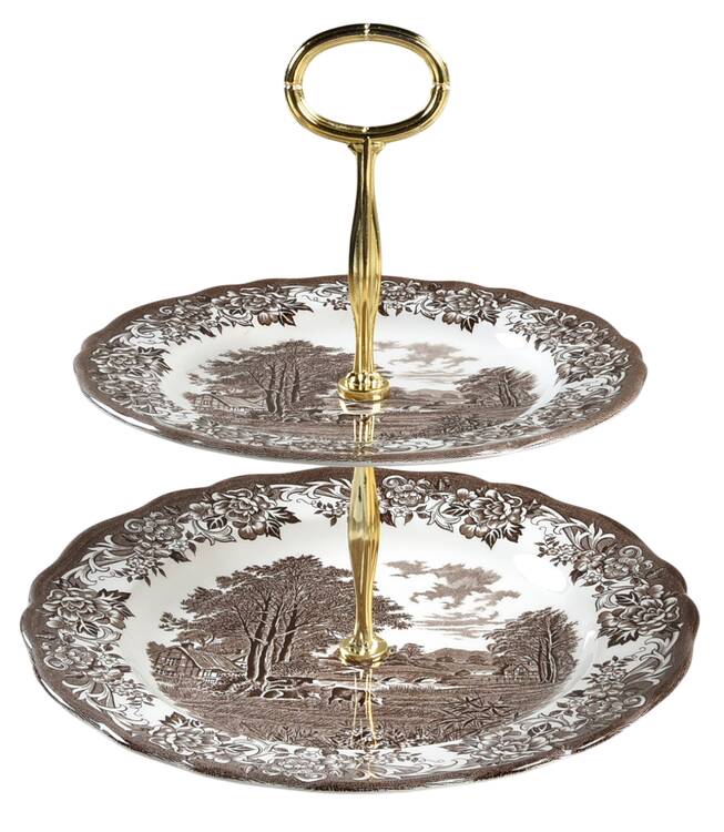Romantic England Brown (Newer, White) 6 5/8"-10"  2 Tiered Serving Tray (Dp, Sp) HC