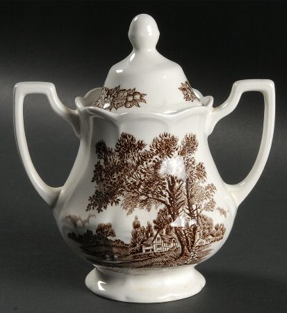 Romantic England Brown (Newer, White) Sugar Bowl & Lid