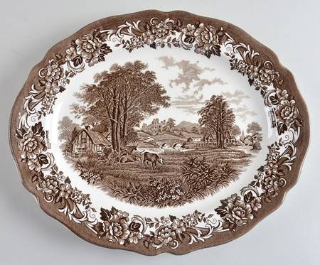 Romantic England Brown (Newer, White) 12" Oval Serving Platter
