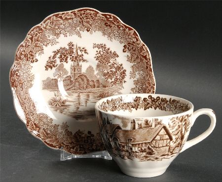 Romantic England Brown (Older, Cream) Flat Cup & Saucer Set