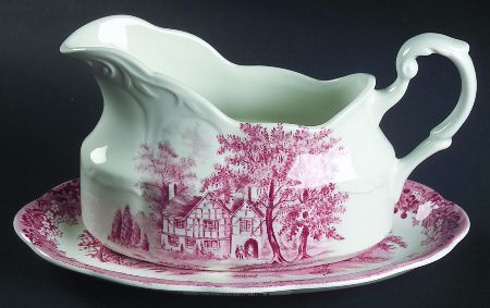 Romantic England Red (Round, Dishwasher Safe Mark) Gravy Boat & Underplate/Relish