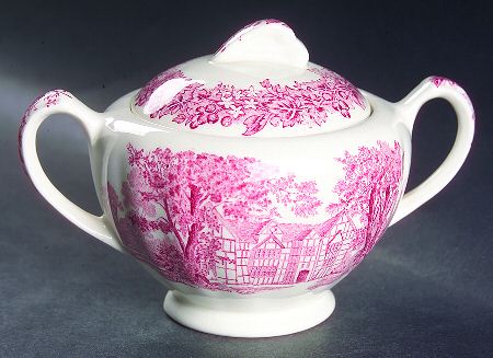 Romantic England Red (Round, Dishwasher Safe Mark) Sugar Bowl & Lid