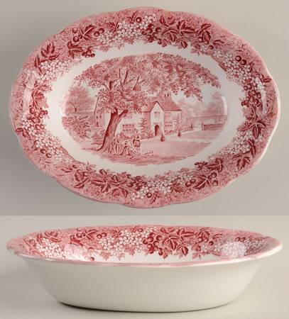 Romantic England Red (Round, Dishwasher Safe Mark) 8" Oval Vegetable Bowl