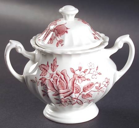 Tudor Roses Pink (Ribbed, White Background) Sugar Bowl & Lid
