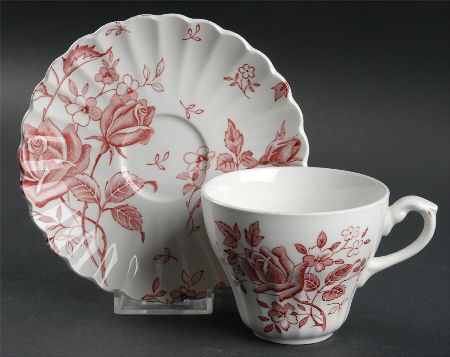 Tudor Roses Pink (Ribbed, White Background) Flat Cup & Saucer Set