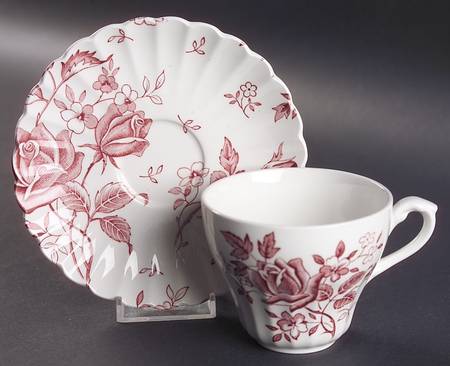 Tudor Roses Pink (Ribbed, White Background) Flat Cup & Saucer Set