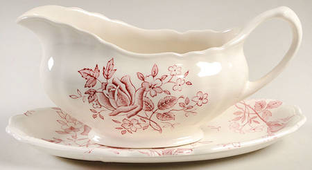 Tudor Roses Pink (Semi Scalloped, Cream Bckgrnd) Gravy Boat & Underplate/Relish