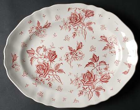Tudor Roses Pink (Semi Scalloped, Cream Bckgrnd) 14" Oval Serving Platter