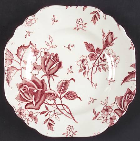 Tudor Roses Pink (Semi Scalloped, Cream Bckgrnd) Square Dessert Plate