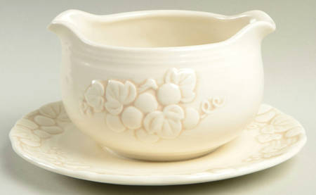 Antique Grape White Round Gravy Boat/Attached Underplate