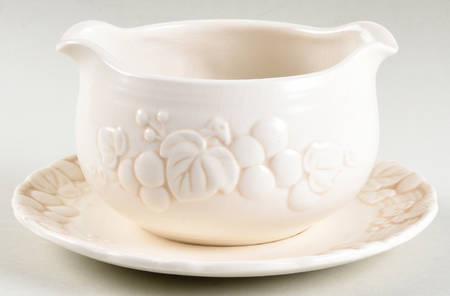 Antique Grape White Round Gravy Boat/Attached Underplate