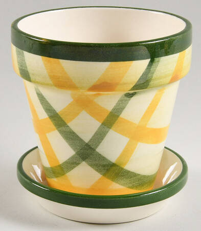Gingham Green 4" Flower Pot with Underplate