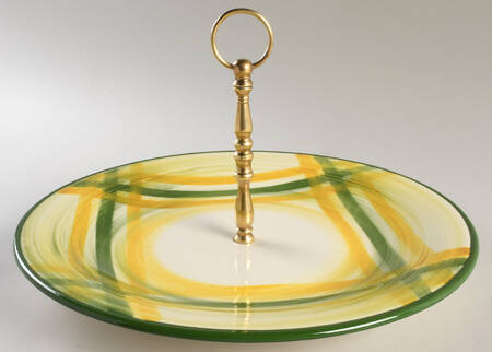 Gingham Green Round Serving Plate with Handle (CH)