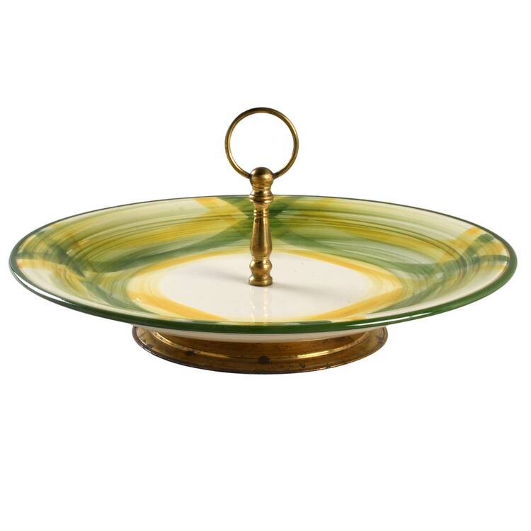 Gingham Green Round Serving Plate with Handle & Metal Base (CH)